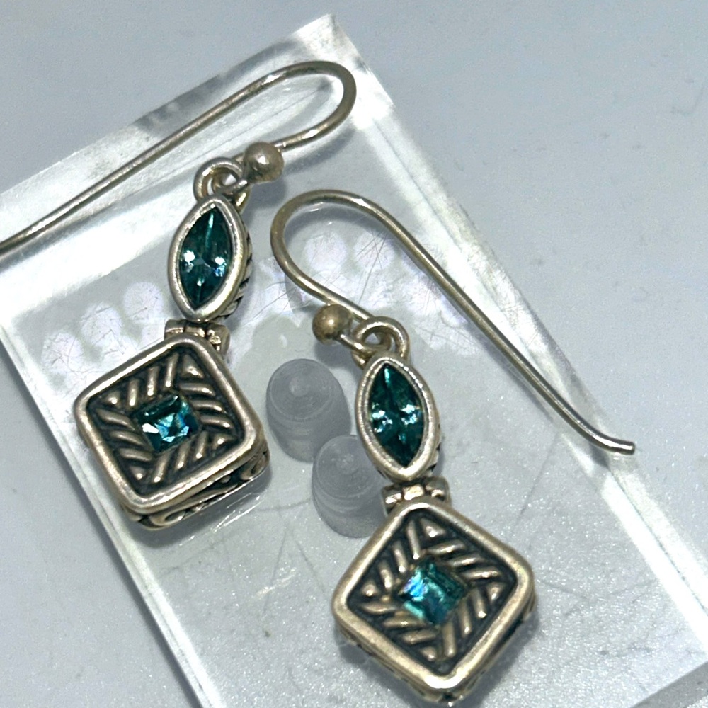 Vintage Barse 925 Thai Earrings Boho  Blue Faceted Glass Front Back Design 9 Gms
